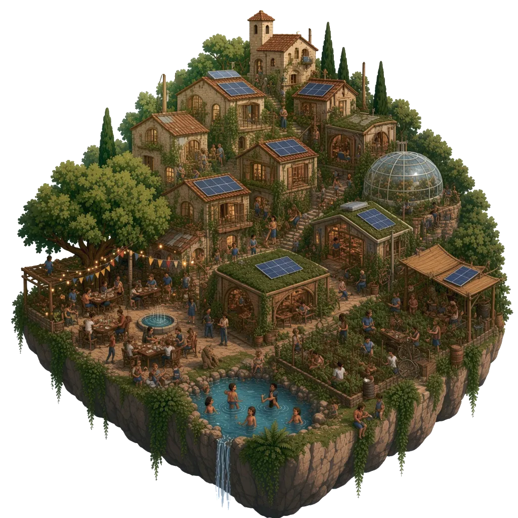 Illustration of a dreamy floating solarpunk village: old stone houses with terracotta roofs and solar panels mix with self-built timber studios with sod roofs, a reclaimed-wood canopy, a glass dome greenhouse and homemade wooden wind turbines, all crowded with people on laptops. A party fills the piazza under a huge plane tree with string lights, bunting, long tables and guitars, next to terraced gardens and a pool full of swimmers that spills off the island's mossy edge as a waterfall.