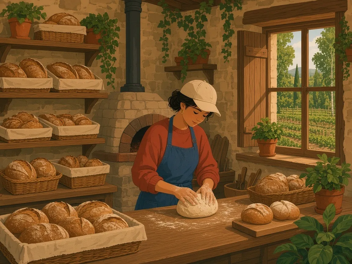 Illustration of a baker kneading dough in a tiny stone bakery with a wood-fired oven, shelves of rustic loaves in baskets and a window onto the gardens.