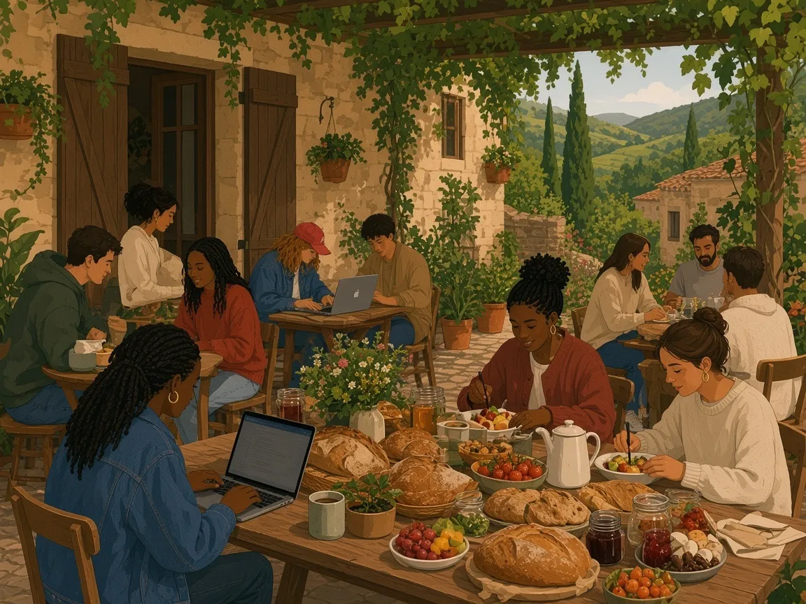 Illustration of a café terrace under a vine pergola with a long brunch table of bread, jam, tomatoes, fruit and cheese, and people eating and working on laptops.