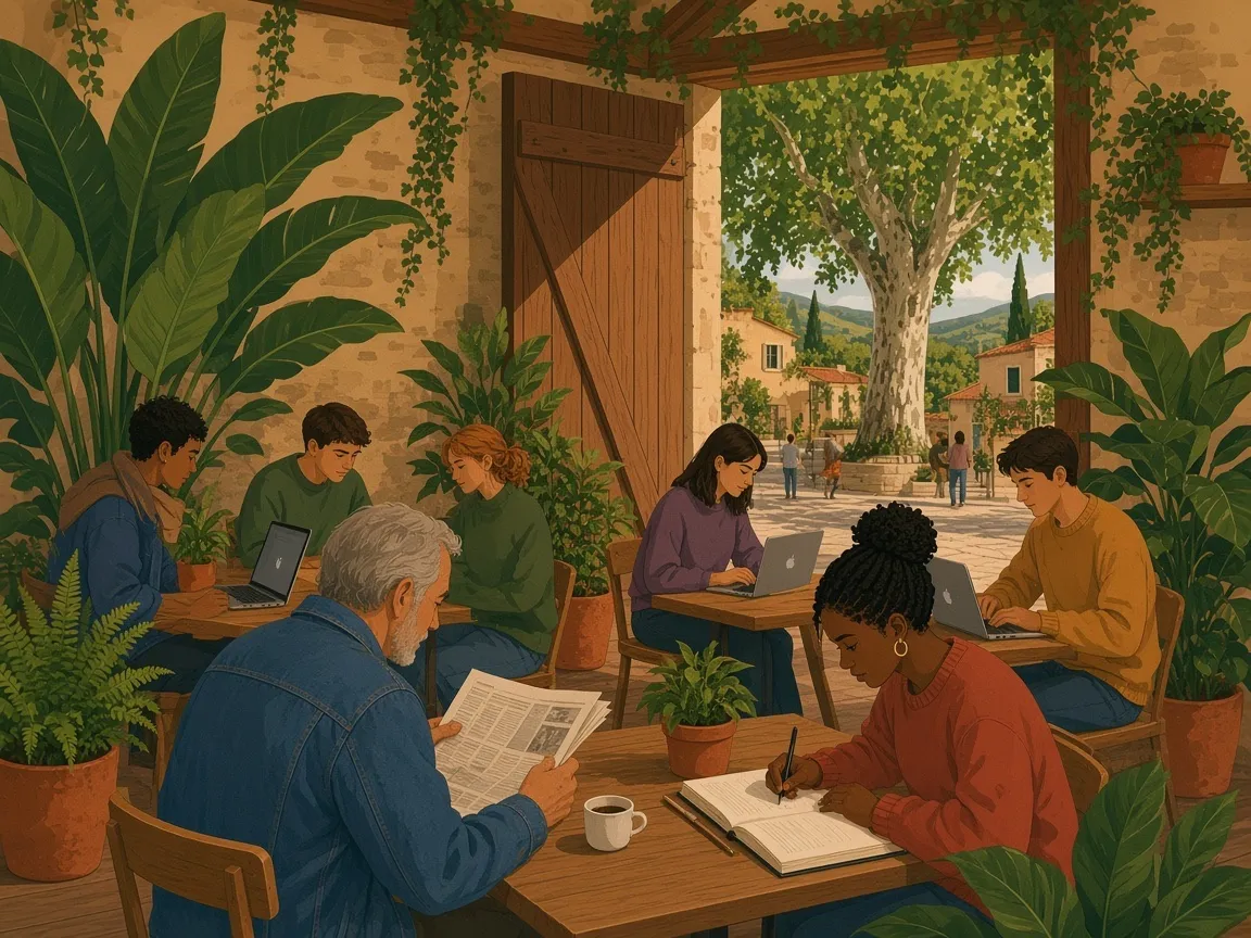 Illustration of a plant-filled stone coworking space open onto a village piazza with a plane tree, where young people work on laptops next to an older local reading the newspaper.