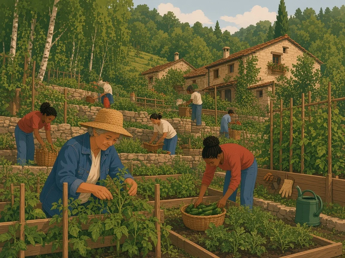 Illustration of a terraced community garden where an older gardener in a straw hat tends tomatoes while younger people harvest vegetables into wicker baskets.